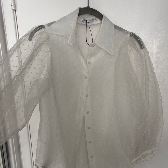 Zara Sheer White Polka Dot Blouse - Picture 1 of 3